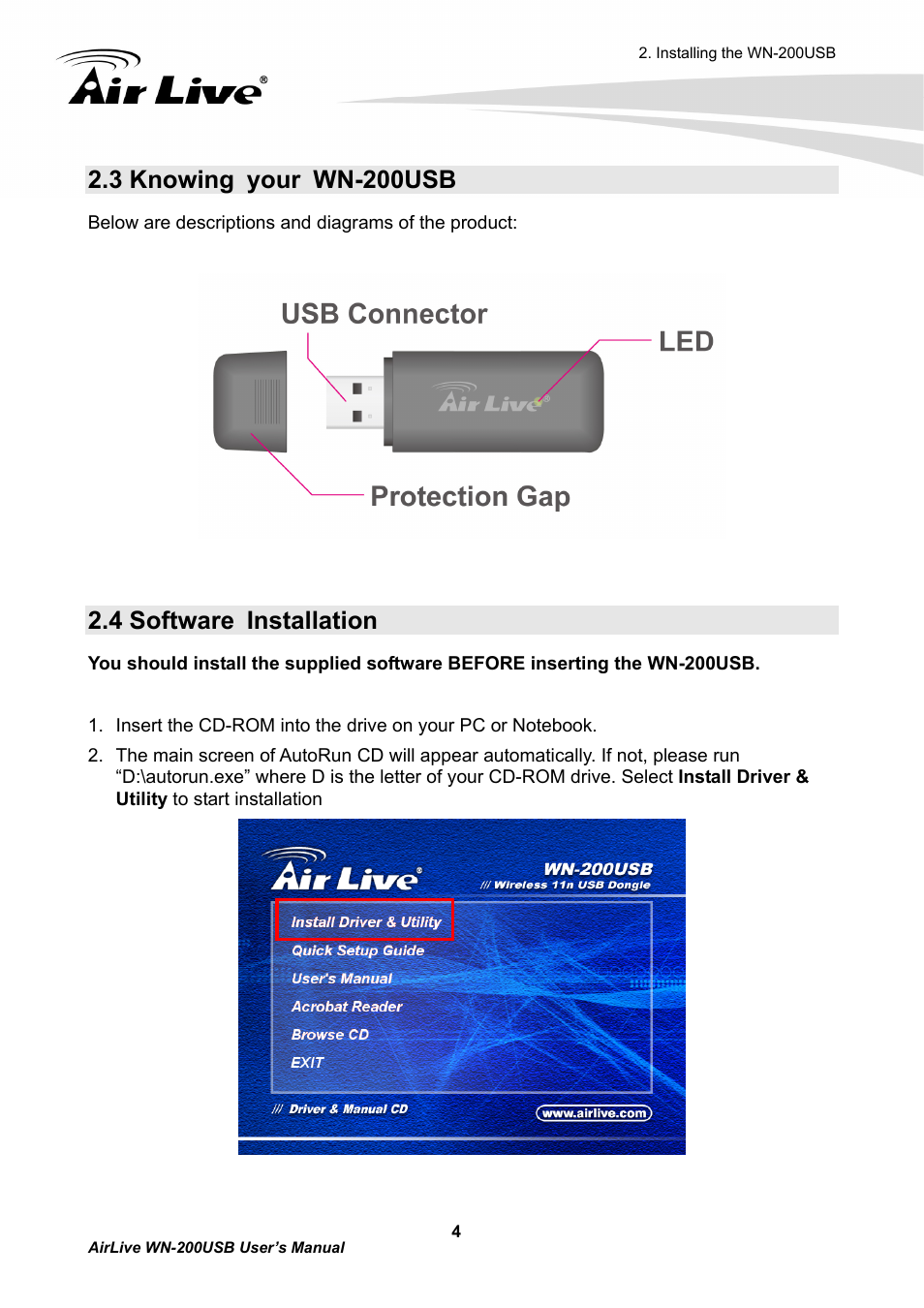 3 knowing your wn-200usb, 4 software installation | AirLive WN-200USB User Manual | Page 7 / 56