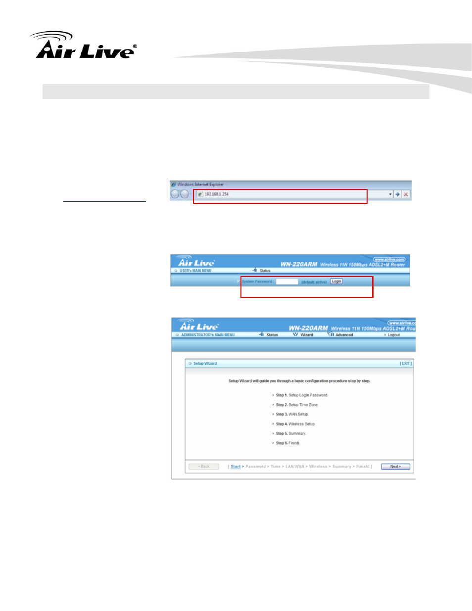2 easy setup by web ui, 1 browse to activate the setup wizard | AirLive WN-220ARM User Manual | Page 18 / 72
