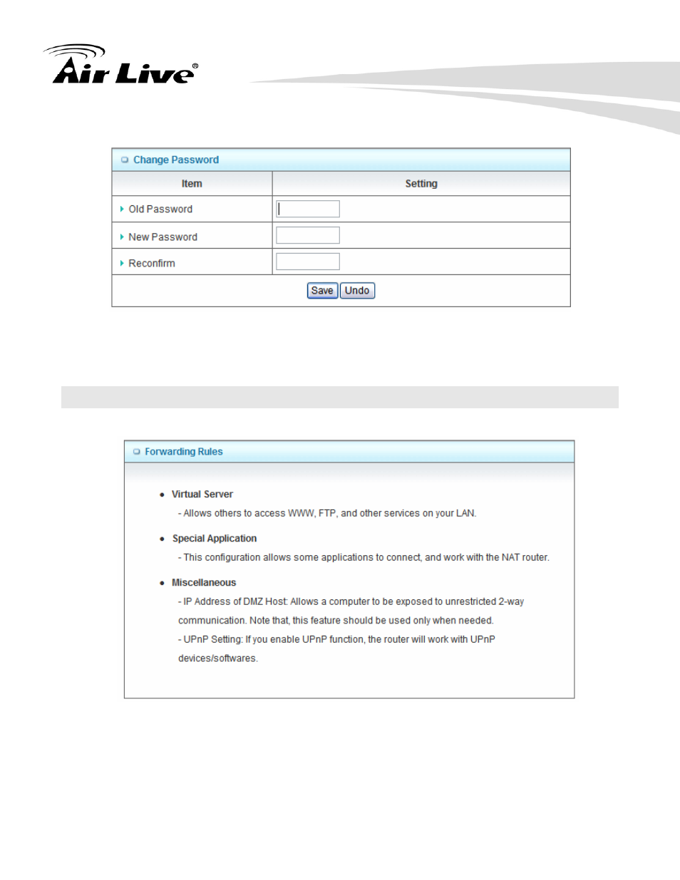 3 forwarding rules, 4 change password | AirLive WN-220ARM User Manual | Page 40 / 72