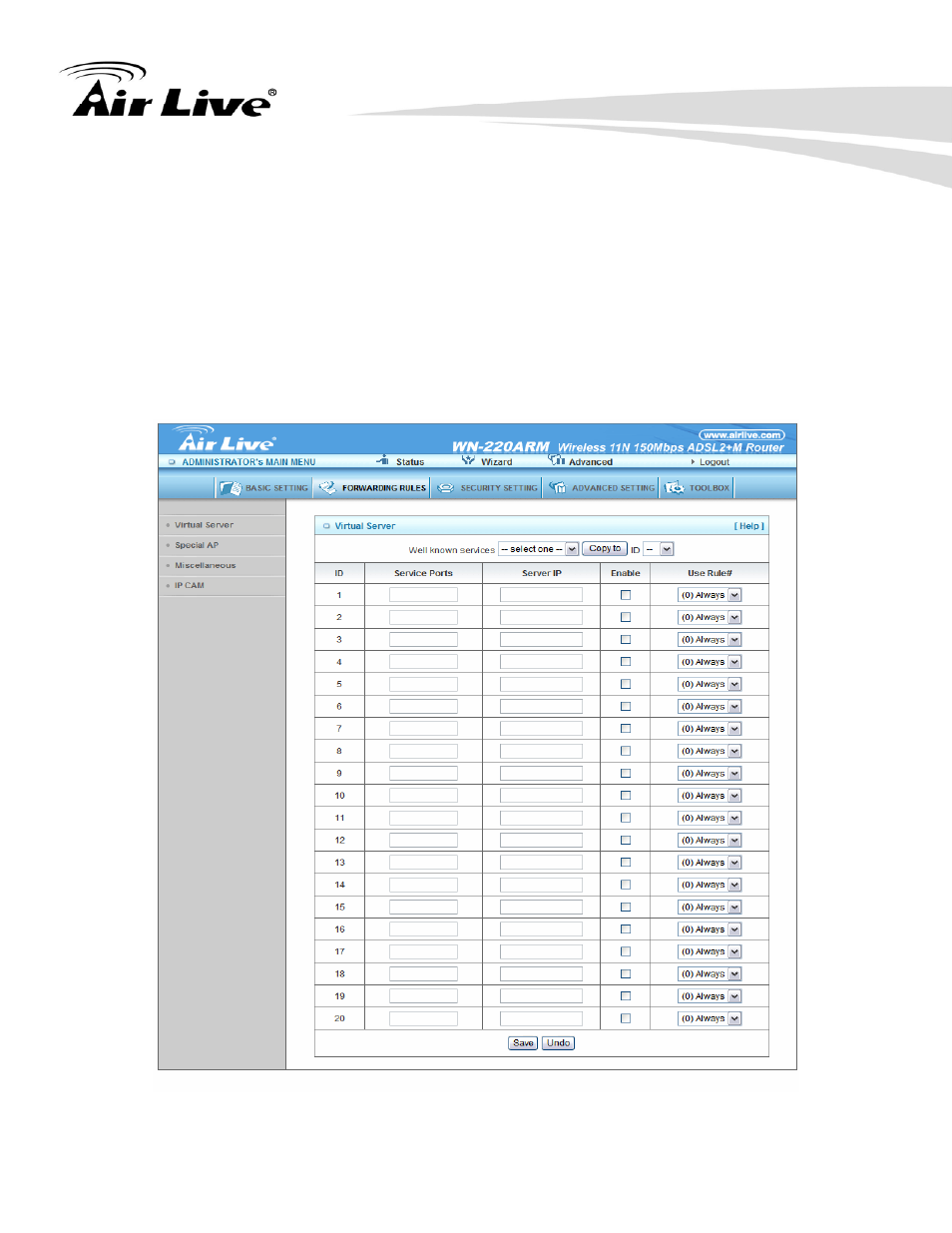 1 virtual server | AirLive WN-220ARM User Manual | Page 41 / 72