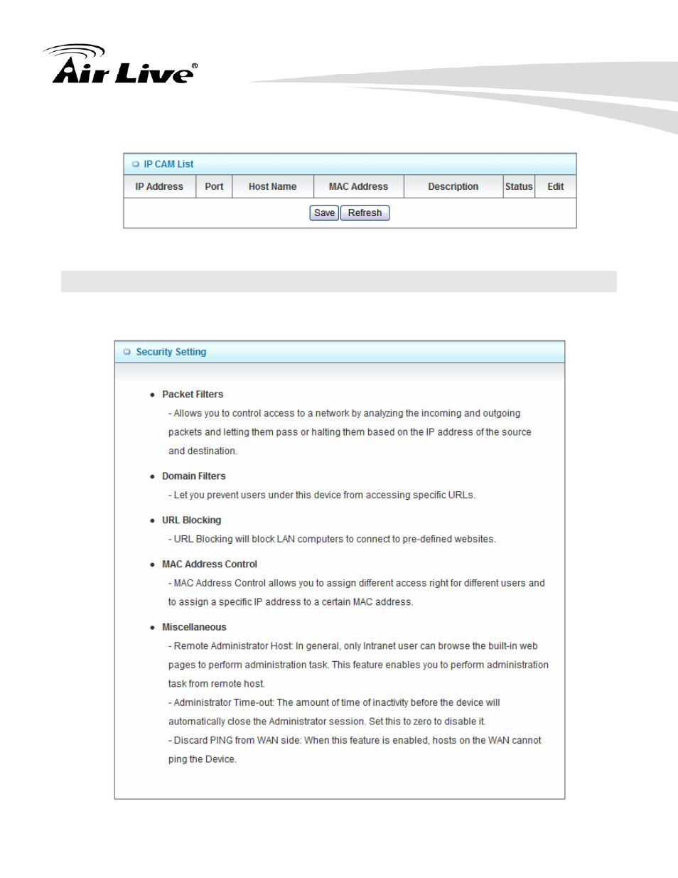 4 security setting, 4 ip cam list | AirLive WN-220ARM User Manual | Page 44 / 72
