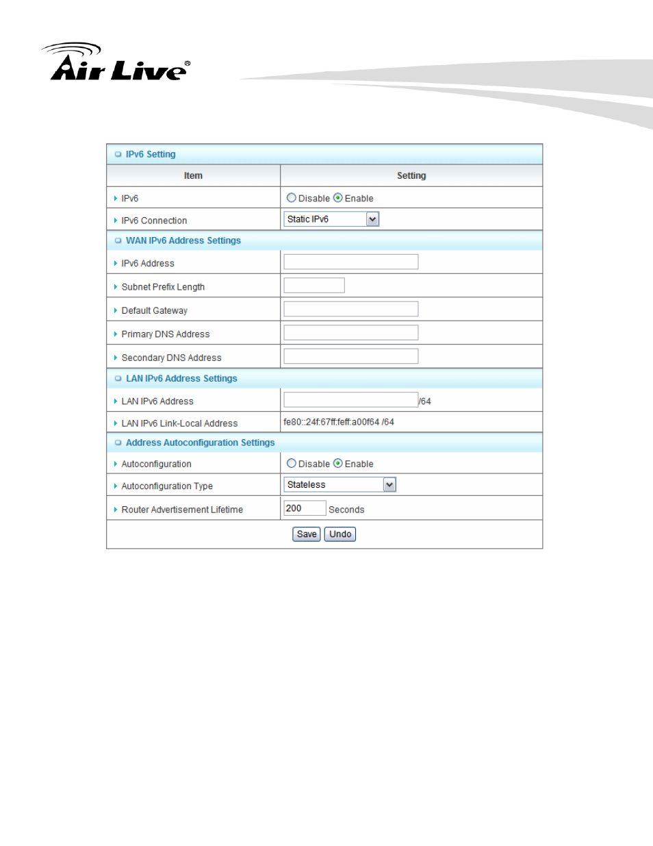 9 ipv6 setting | AirLive WN-220ARM User Manual | Page 60 / 72