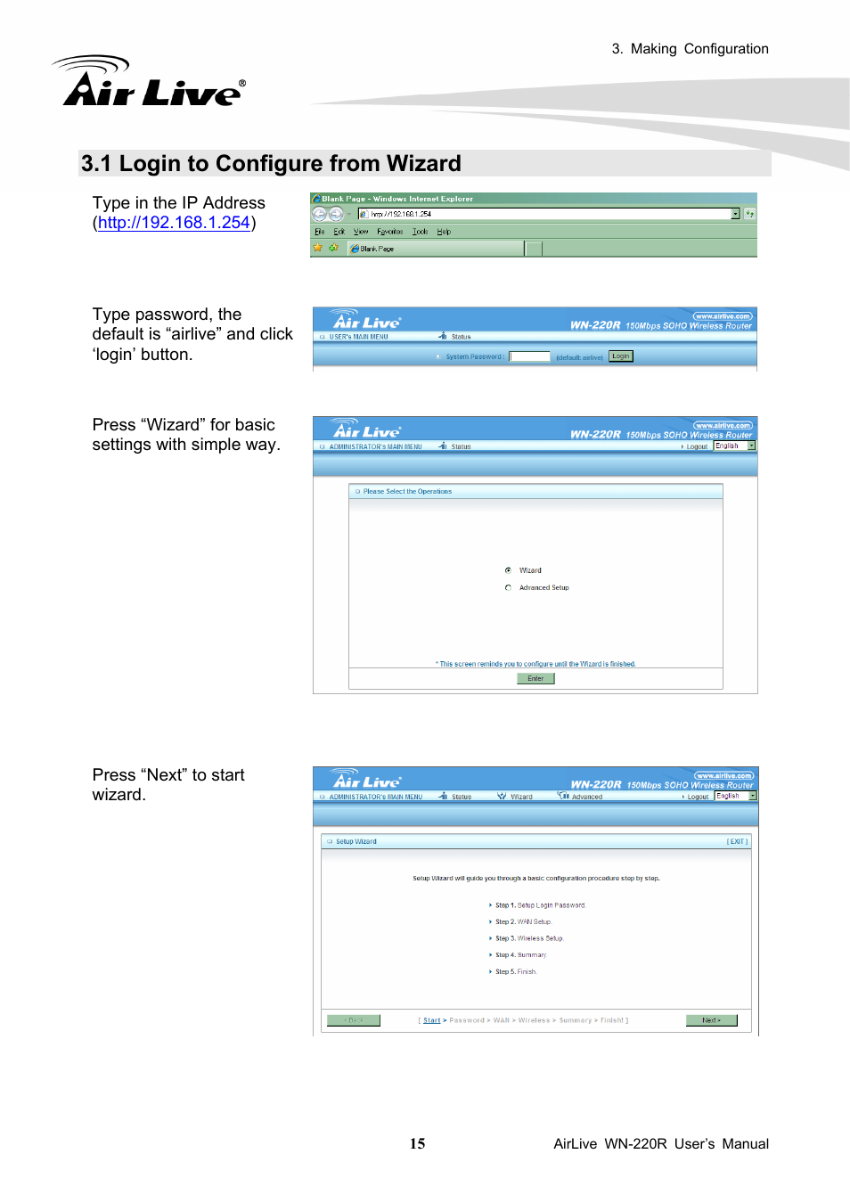 1 login to configure from wizard | AirLive WN-220R User Manual | Page 19 / 81