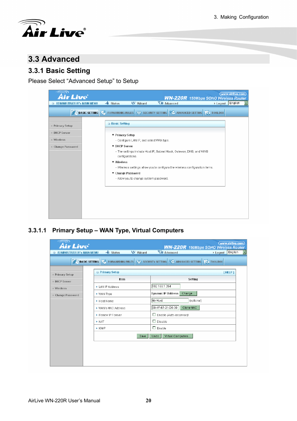 3 advanced, 1 basic setting, Basic setting | AirLive WN-220R User Manual | Page 24 / 81