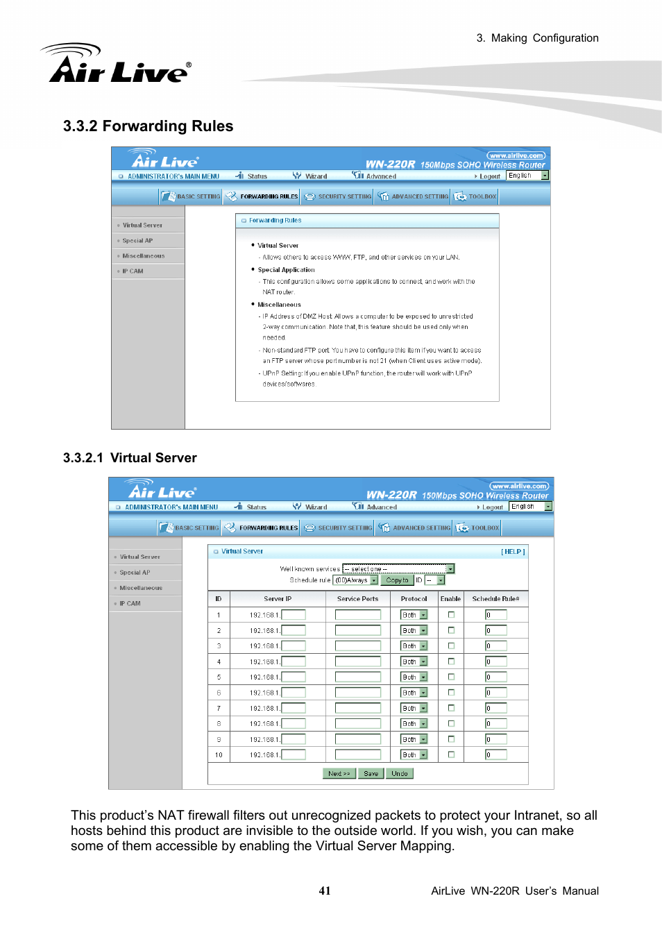 2 forwarding rules, Forwarding rules, 2 forwarding rules 3 | AirLive WN-220R User Manual | Page 45 / 81