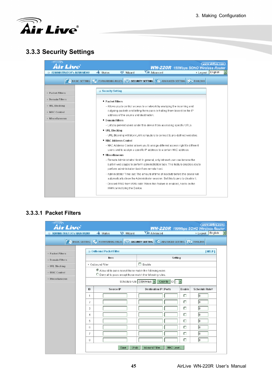 3 security settings, Security settings | AirLive WN-220R User Manual | Page 49 / 81