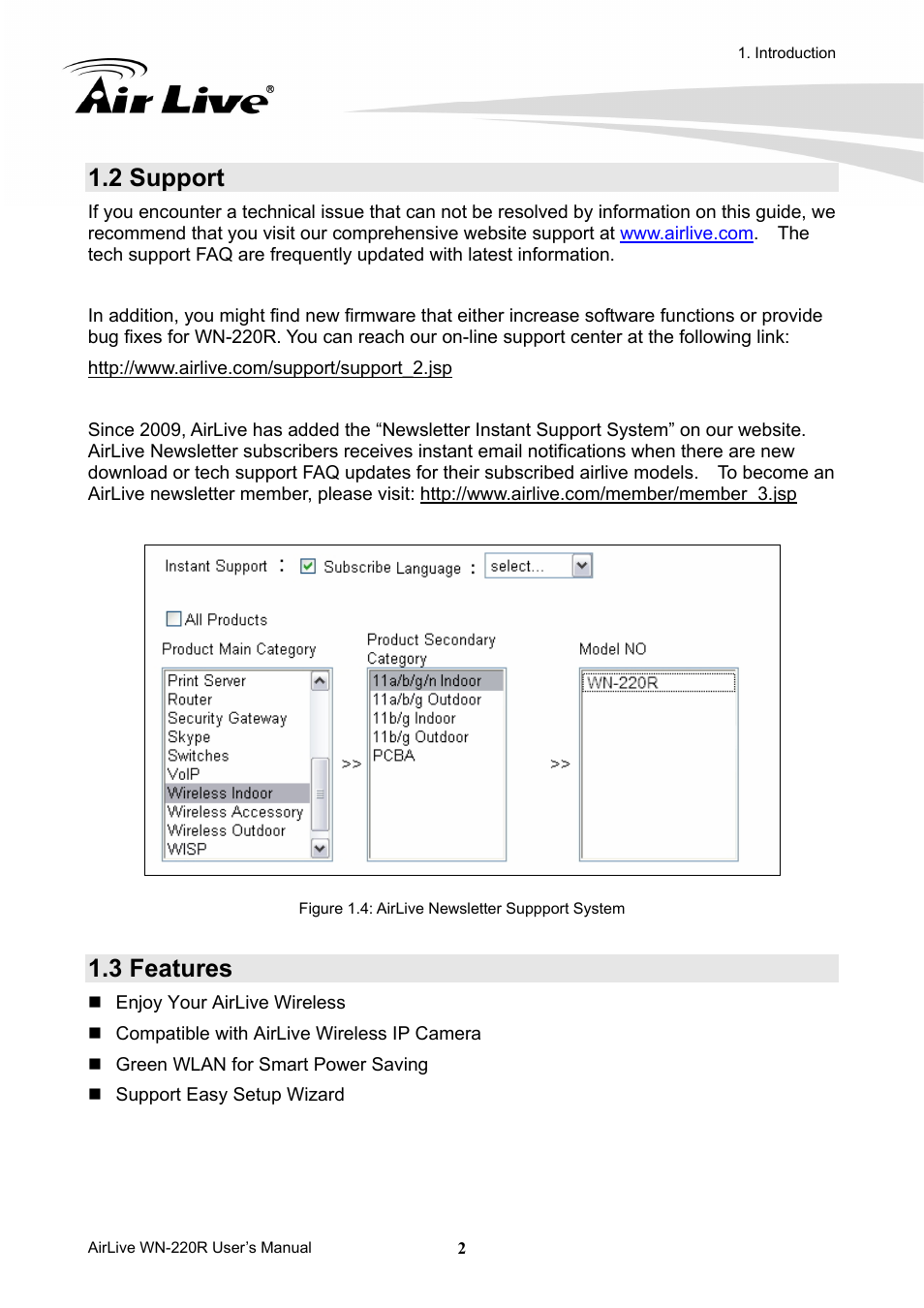 2 support, 3 features | AirLive WN-220R User Manual | Page 6 / 81