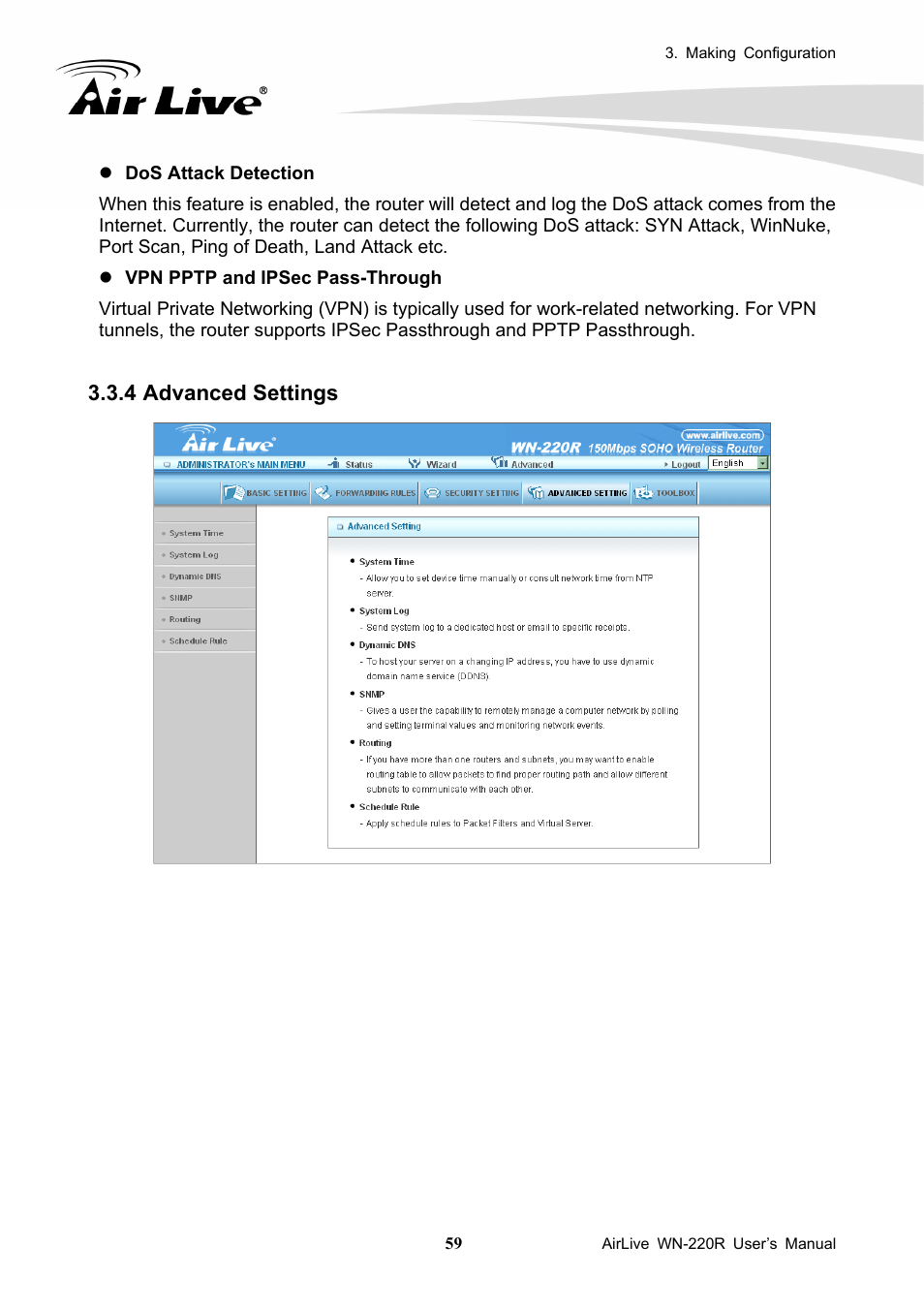 4 advanced settings, Advanced settings | AirLive WN-220R User Manual | Page 63 / 81