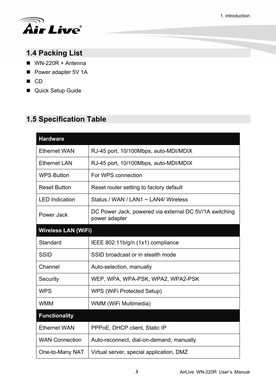 4 packing list, 5 specification table | AirLive WN-220R User Manual | Page 7 / 81