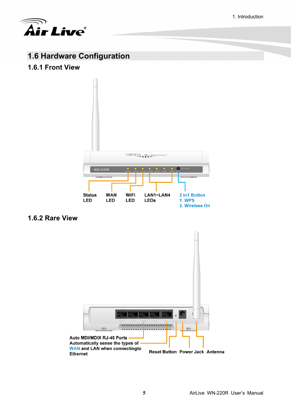 6 hardware configuration, 1 front view, 2 rare view | 1 front view 1.6.2 rare view | AirLive WN-220R User Manual | Page 9 / 81