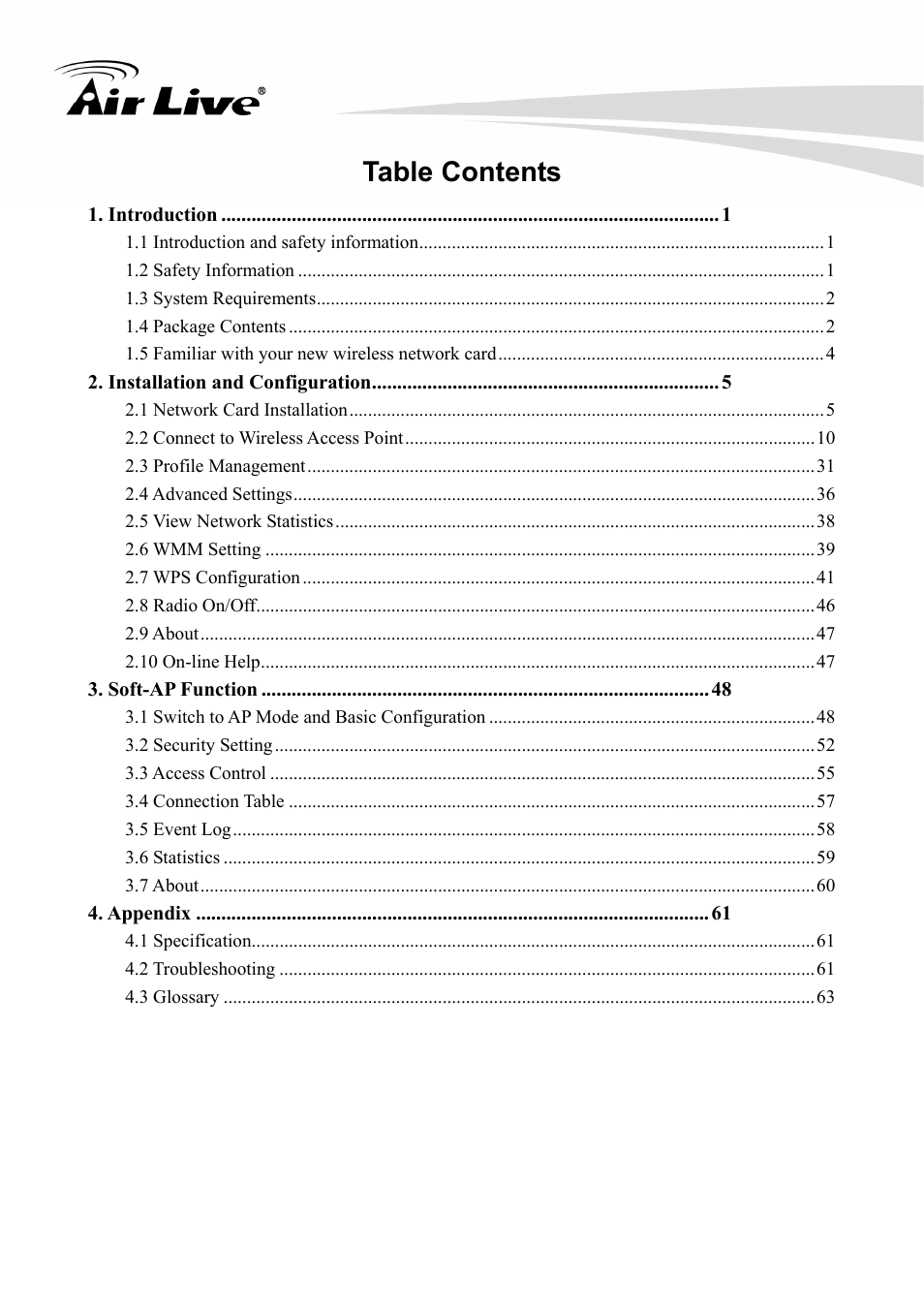 Table contents | AirLive WN-300PCI User Manual | Page 4 / 70