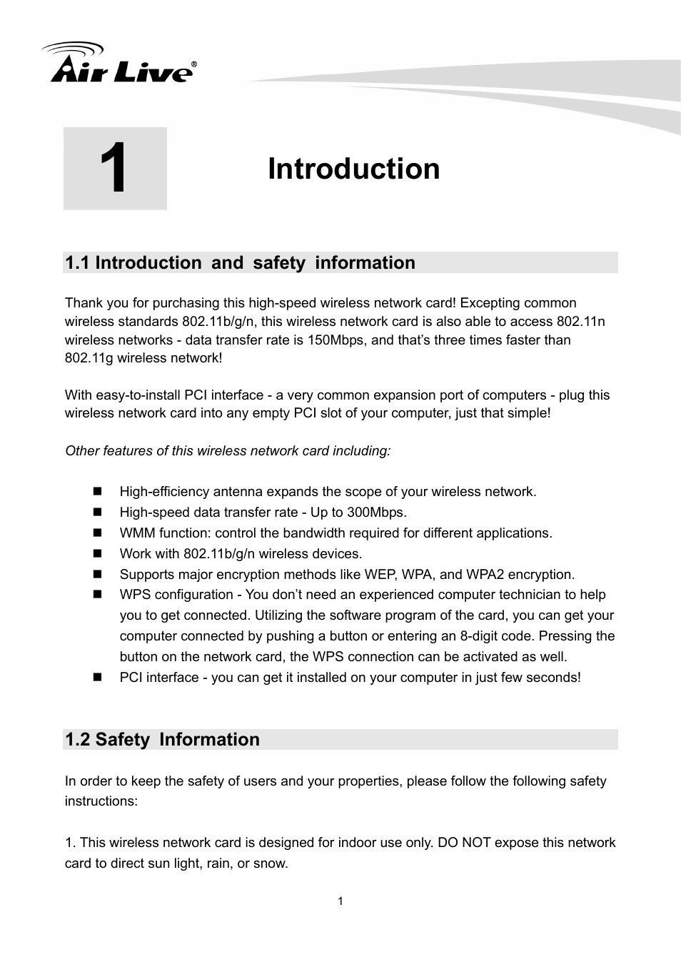 Introduction, 1 introduction and safety information, 2 safety information | AirLive WN-300PCI User Manual | Page 5 / 70