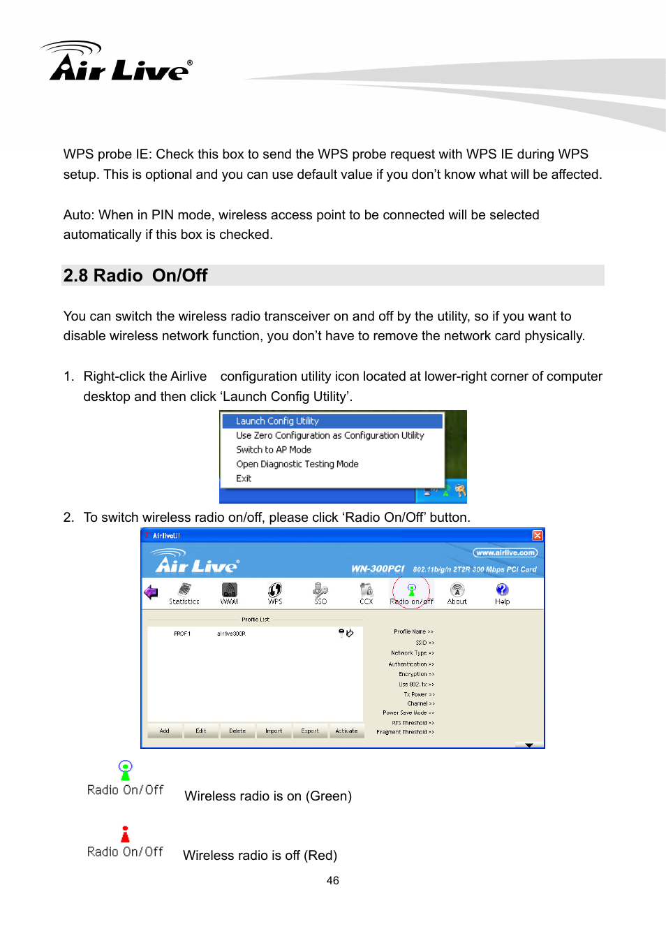8 radio on/off | AirLive WN-300PCI User Manual | Page 50 / 70