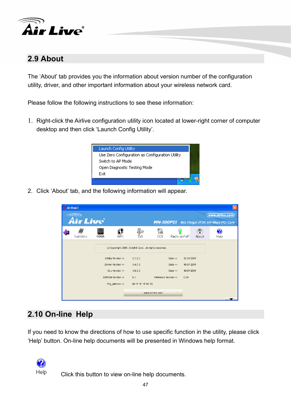 9 about, 10 on-line help, 47 2.10 on-line help | AirLive WN-300PCI User Manual | Page 51 / 70