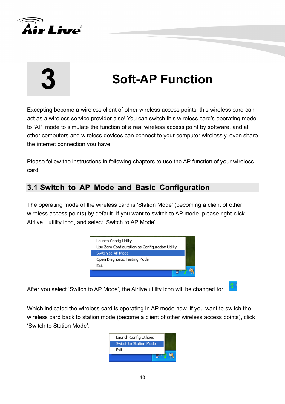 Soft-ap function, 1 switch to ap mode and basic configuration | AirLive WN-300PCI User Manual | Page 52 / 70