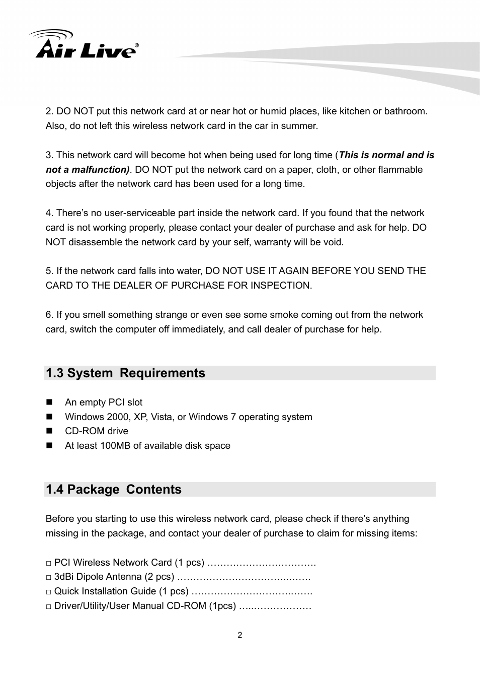 3 system requirements, 4 package contents, 2 1.4 package contents | AirLive WN-300PCI User Manual | Page 6 / 70
