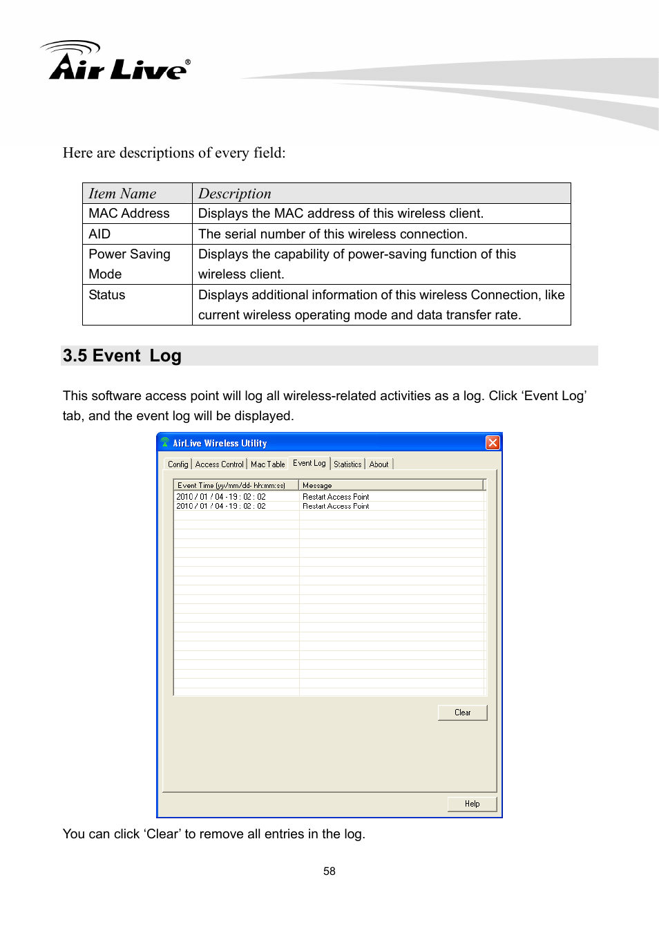 5 event log | AirLive WN-300PCI User Manual | Page 62 / 70