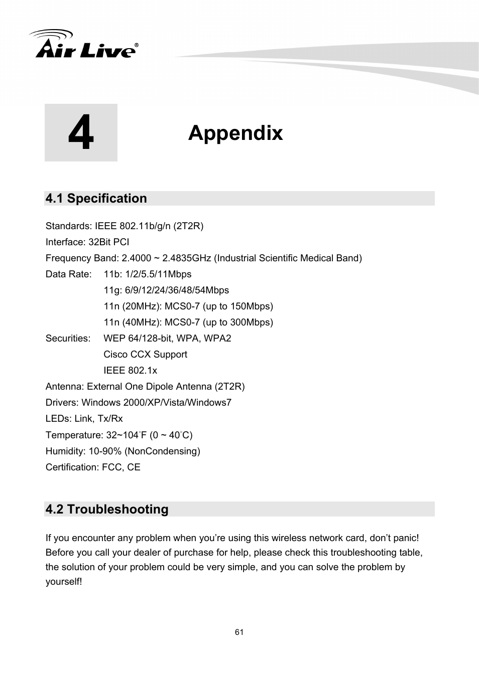 Appendix, 1 specification, 2 troubleshooting | 61 4.2 troubleshooting | AirLive WN-300PCI User Manual | Page 65 / 70