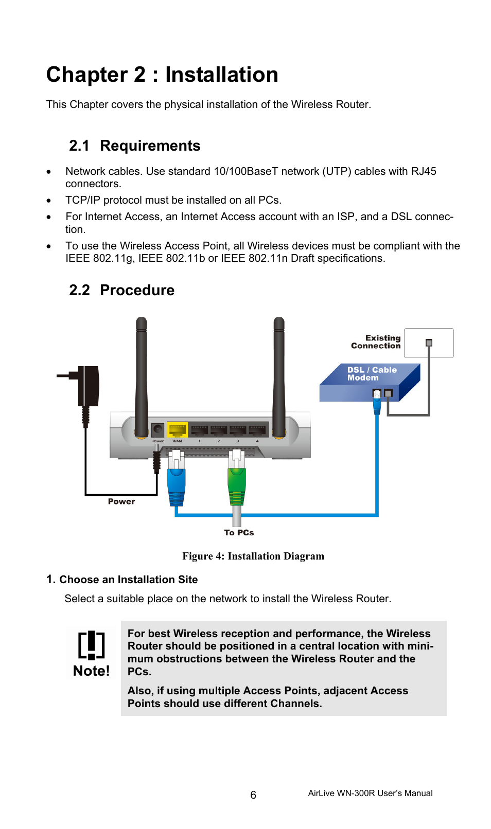 Chapter 2 : installation, 1 requirements, Requirements | Procedure, 2 procedure | AirLive WN-300R User Manual | Page 12 / 110