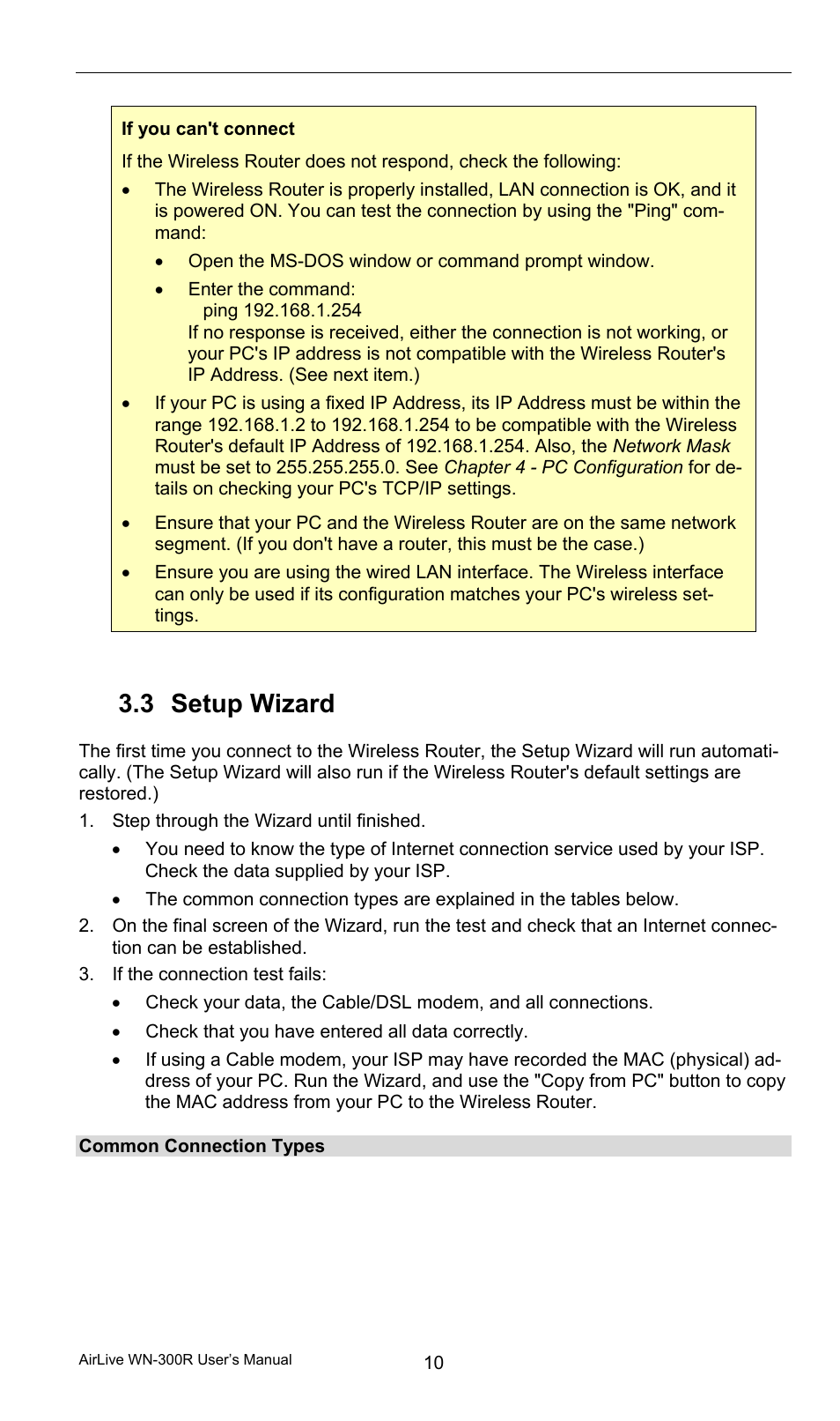 3 setup wizard, Common connection types, Setup wizard | AirLive WN-300R User Manual | Page 16 / 110