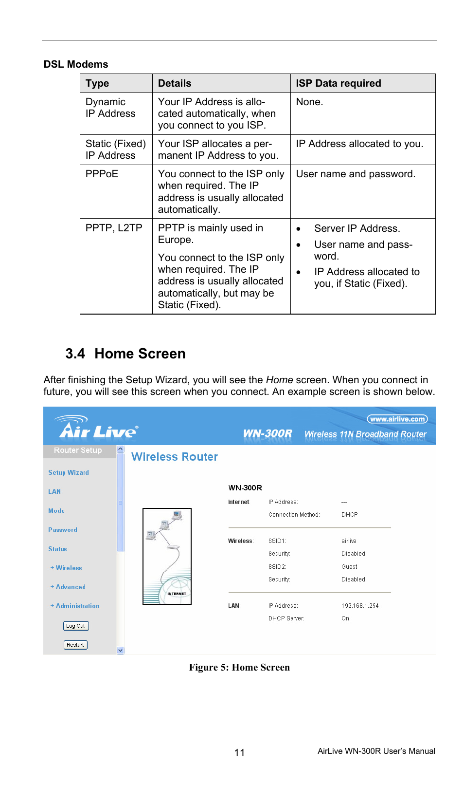 4 home screen, Main menu, Home screen | AirLive WN-300R User Manual | Page 17 / 110