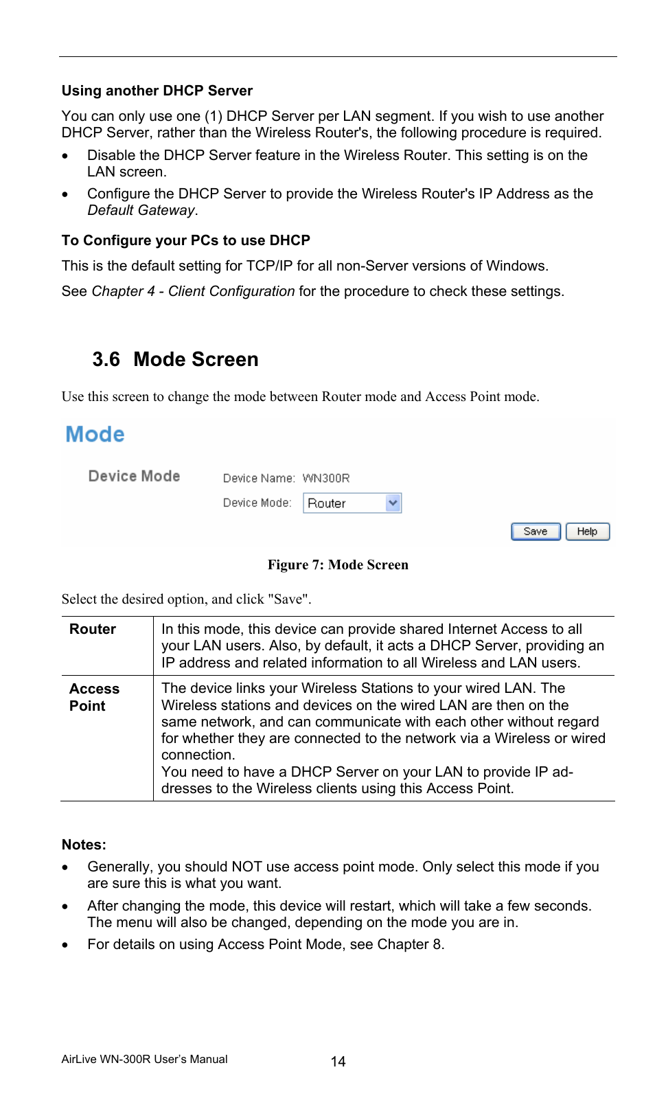 To configure your pcs to use dhcp, 6 mode screen, 7 wireless options | Mode screen, Wireless options | AirLive WN-300R User Manual | Page 20 / 110