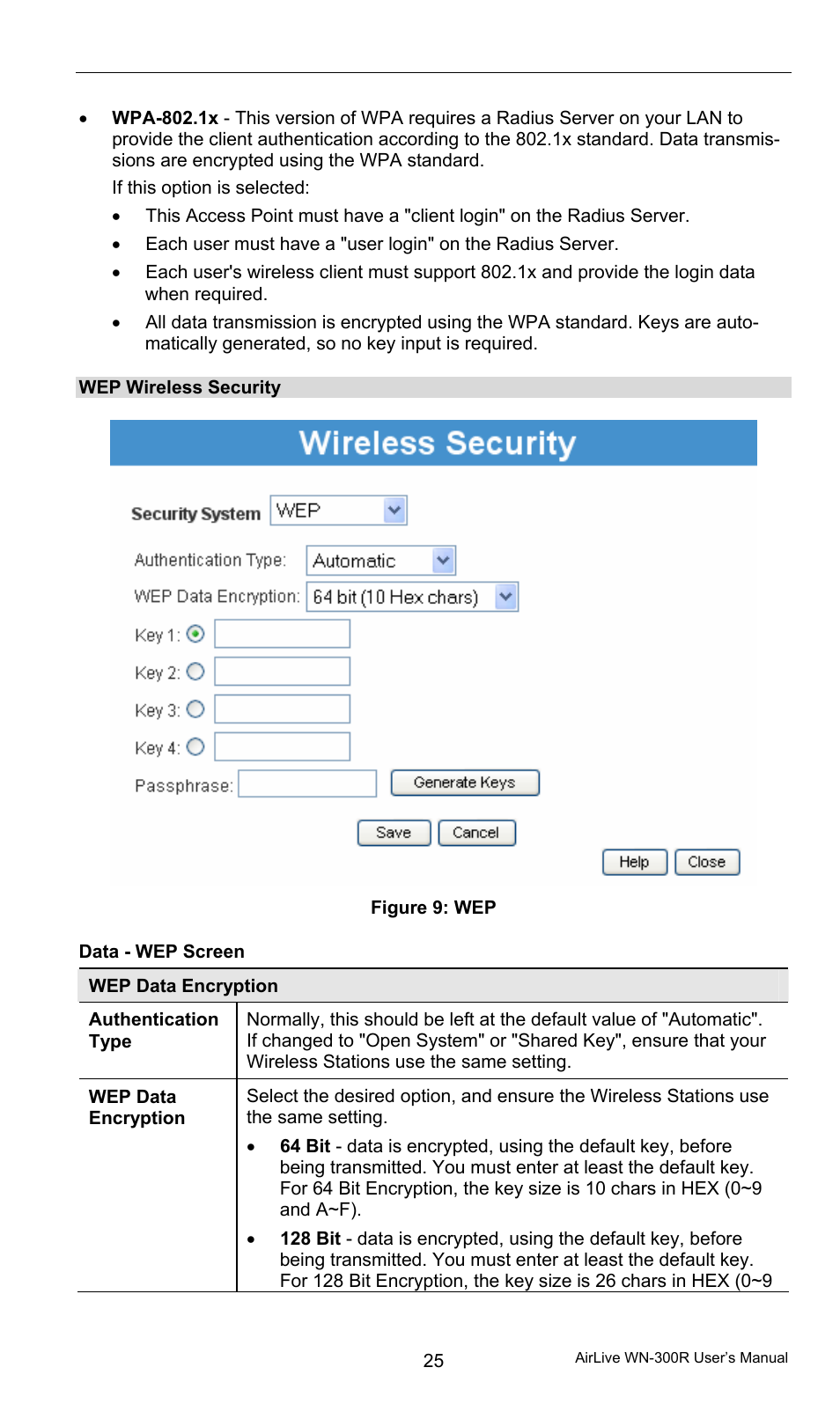 Wep wireless security, Data - wep screen | AirLive WN-300R User Manual | Page 31 / 110