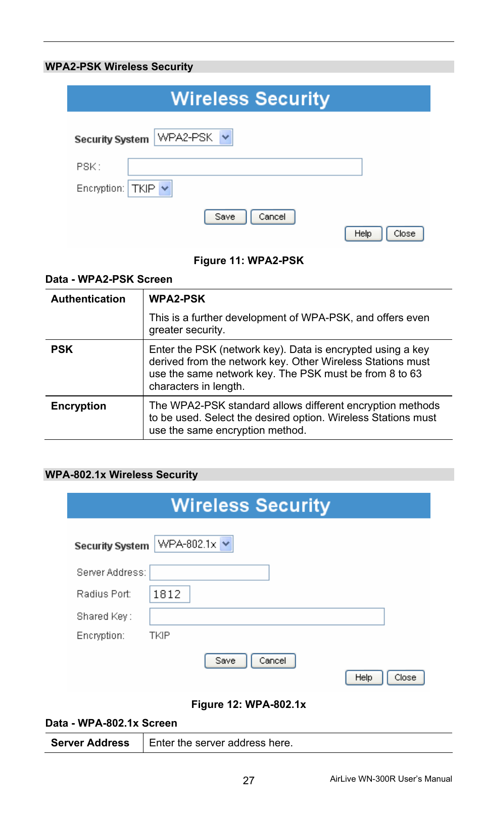 Wpa2-psk wireless security, Data - wpa2-psk screen, Wpa-802.1x wireless security | Data - wpa-802.1x screen | AirLive WN-300R User Manual | Page 33 / 110