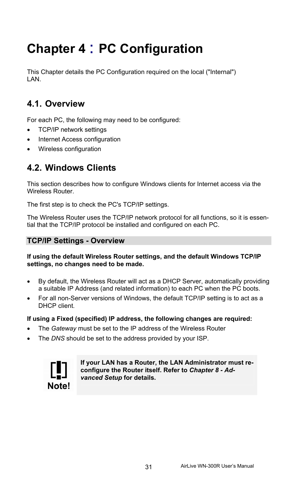 Chapter 4 : pc configuration, Overview, Windows clients | Tcp/ip settings - overview, Chapter 4, Pc configuration | AirLive WN-300R User Manual | Page 37 / 110