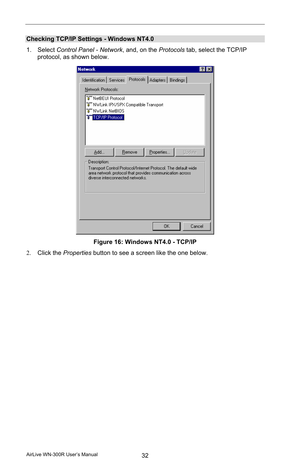 Checking tcp/ip settings - windows nt4.0 | AirLive WN-300R User Manual | Page 38 / 110