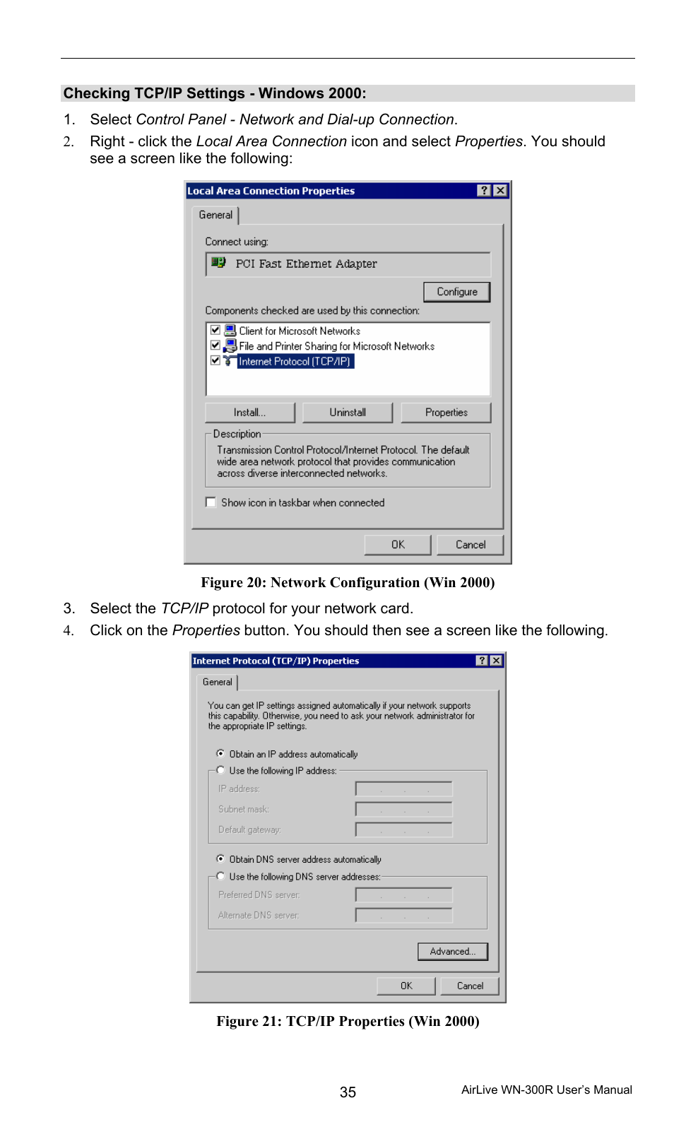 Checking tcp/ip settings - windows 2000 | AirLive WN-300R User Manual | Page 41 / 110