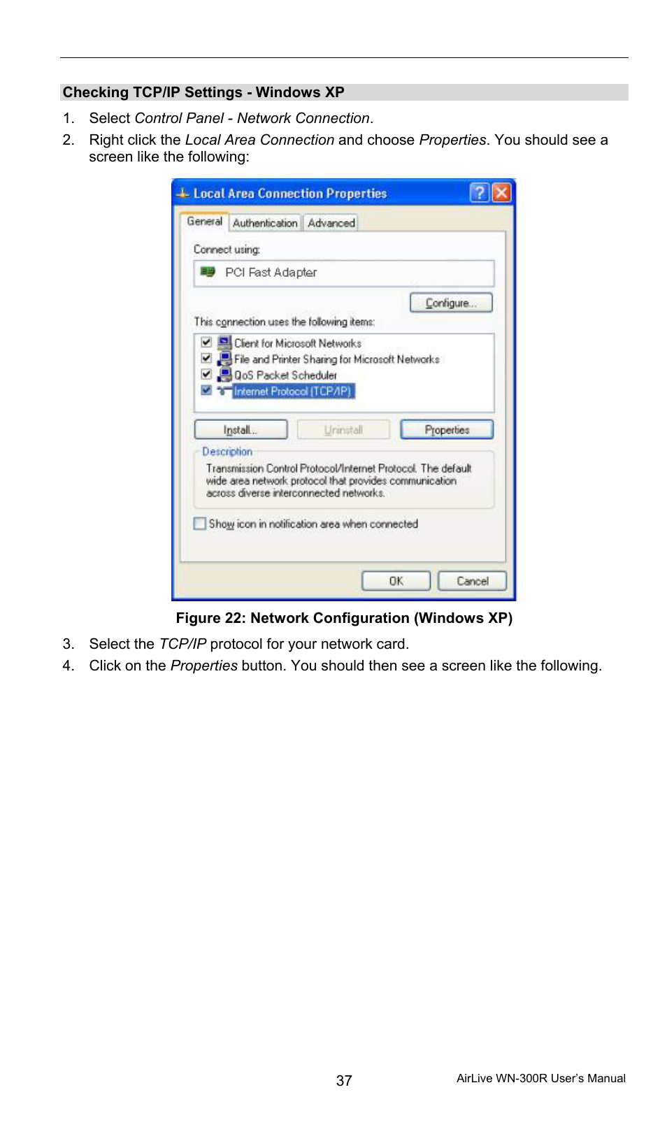 Checking tcp/ip settings - windows xp | AirLive WN-300R User Manual | Page 43 / 110