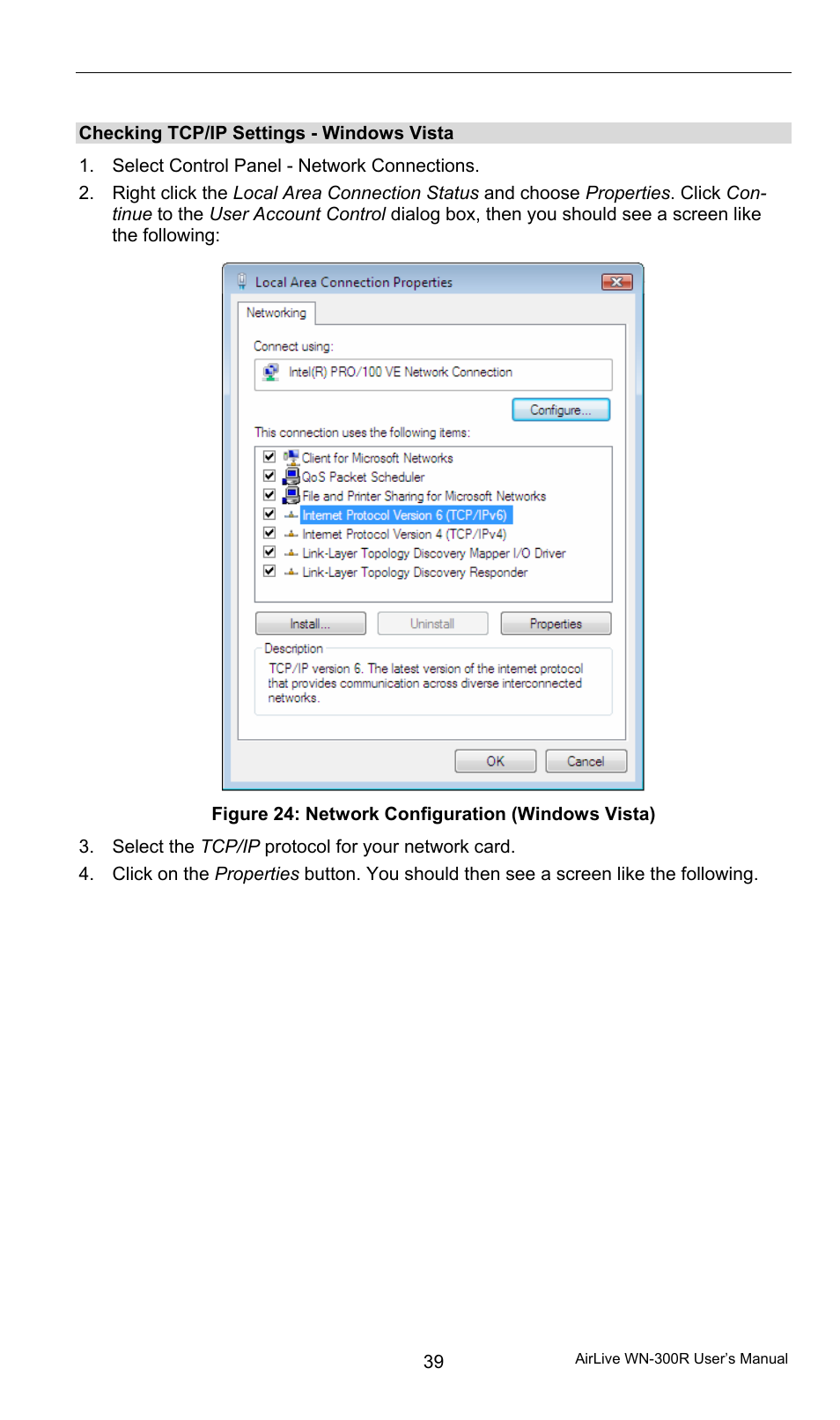 Checking tcp/ip settings - windows vista | AirLive WN-300R User Manual | Page 45 / 110