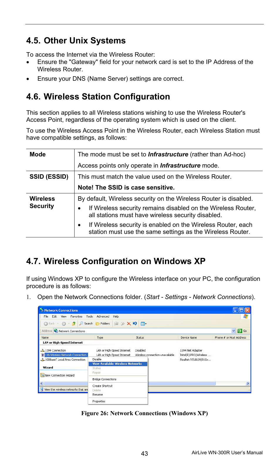 Other unix systems, Wireless station configuration, Wireless configuration on windows xp | AirLive WN-300R User Manual | Page 49 / 110