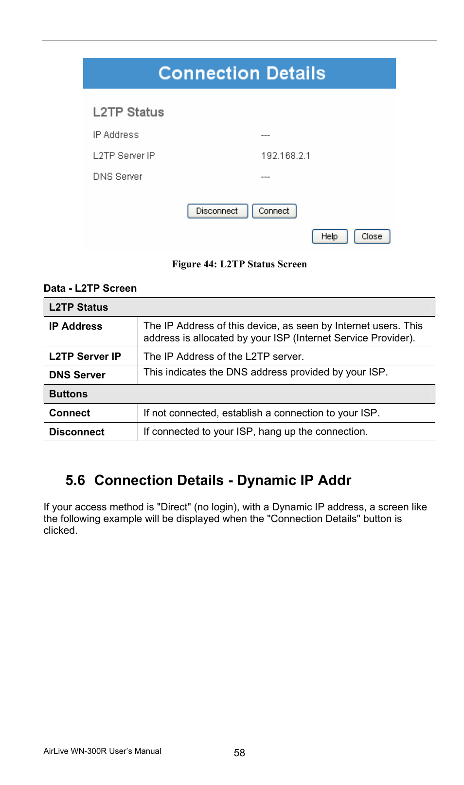 Data - l2tp screen, 6 connection details - dynamic ip address, Connection details - dynamic ip address | 6 connection details - dynamic ip addr ess | AirLive WN-300R User Manual | Page 64 / 110