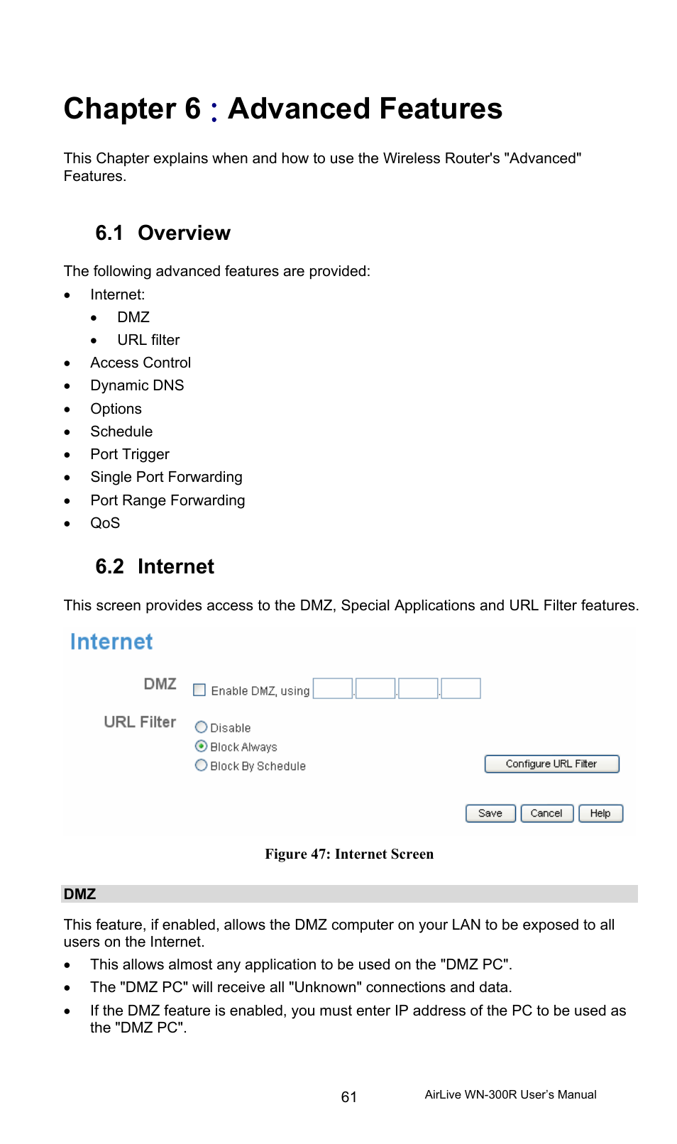 Chapter 6 : advanced features, 1 overview, 2 internet | Overview, Internet, Chapter 6, Advanced features | AirLive WN-300R User Manual | Page 67 / 110