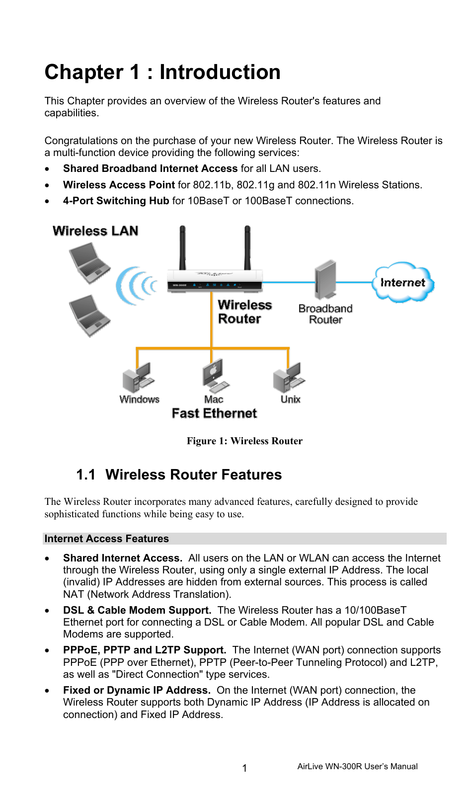 Chapter 1 : introduction, 1 wireless router features, Internet access features | Wireless router features | AirLive WN-300R User Manual | Page 7 / 110