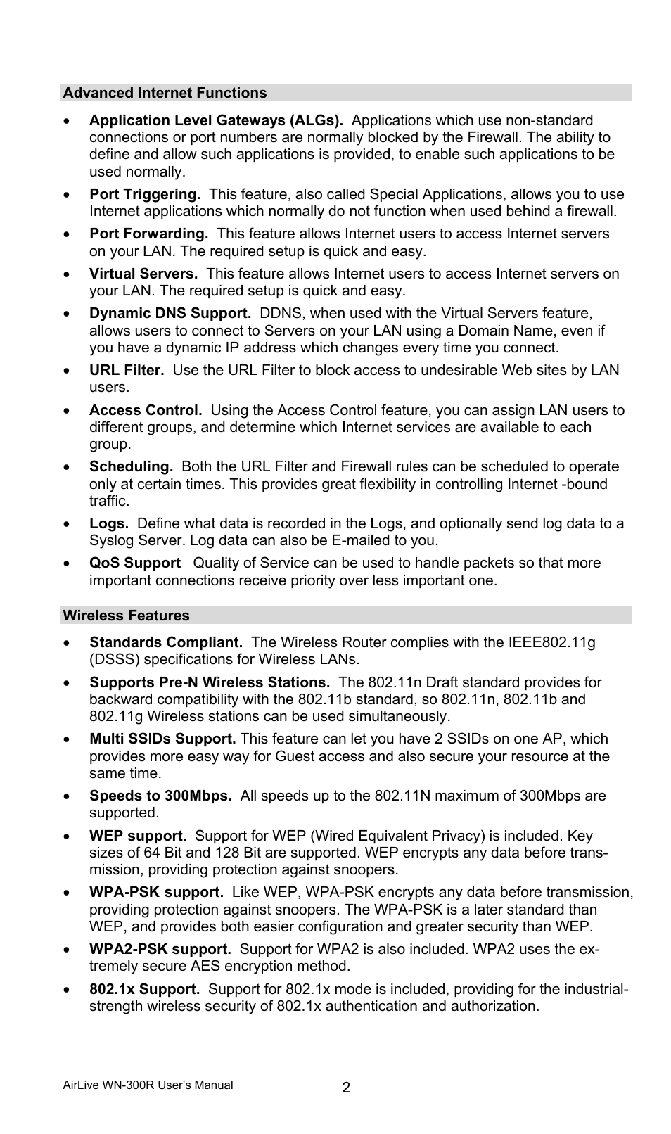 Advanced internet functions, Wireless features | AirLive WN-300R User Manual | Page 8 / 110