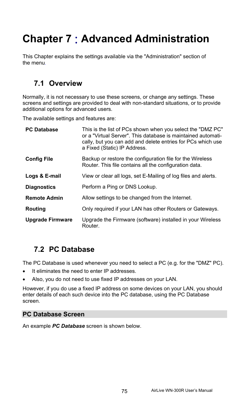 Chapter 7 : advanced administration, 1 overview, 2 pc database | Pc database screen, Overview, Pc database, Chapter 7, Advanced administration | AirLive WN-300R User Manual | Page 81 / 110