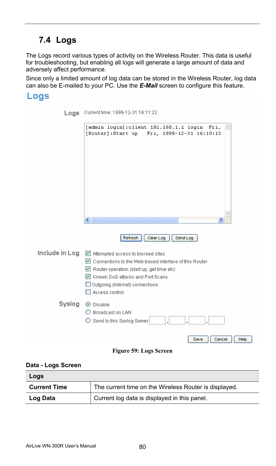 4 logs, Data - logs screen, Logs | AirLive WN-300R User Manual | Page 86 / 110