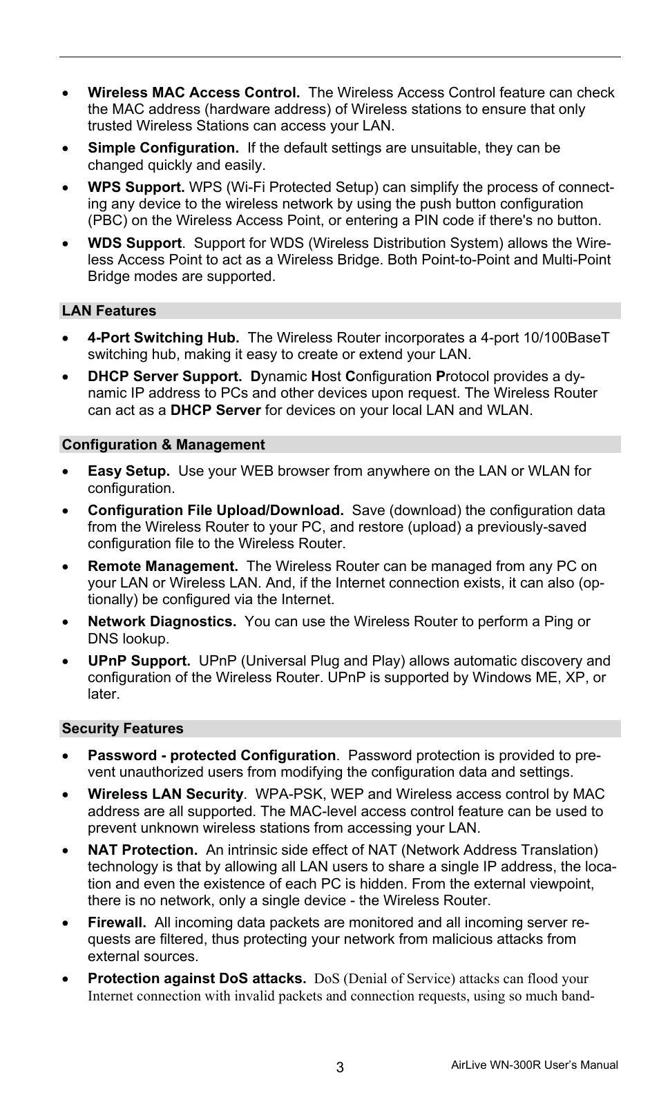 Lan features, Configuration & management, Security features | AirLive WN-300R User Manual | Page 9 / 110