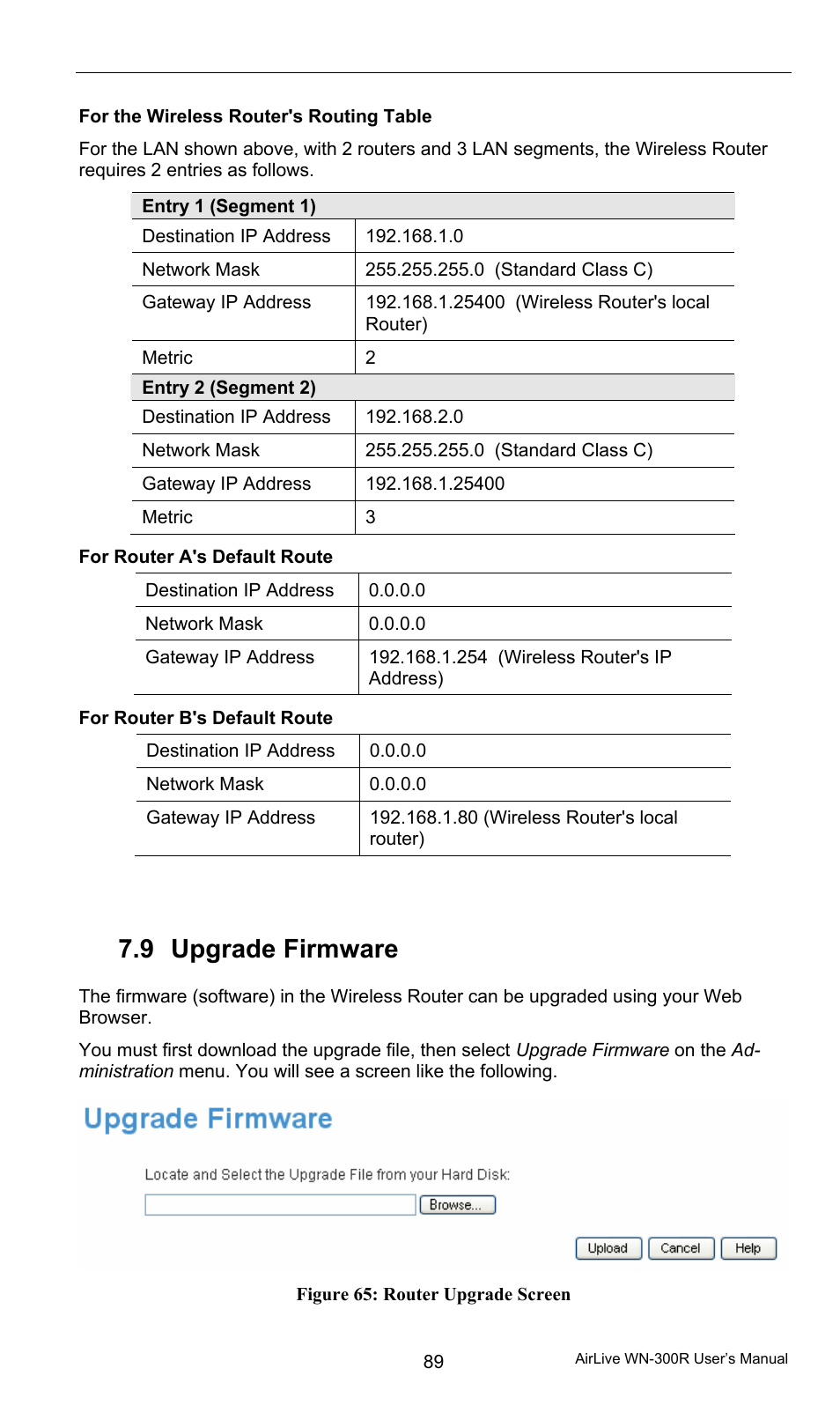 For the wireless router's routing table, For router a's default route, For router b's default route | 9 upgrade firmware, Upgrade firmware | AirLive WN-300R User Manual | Page 95 / 110