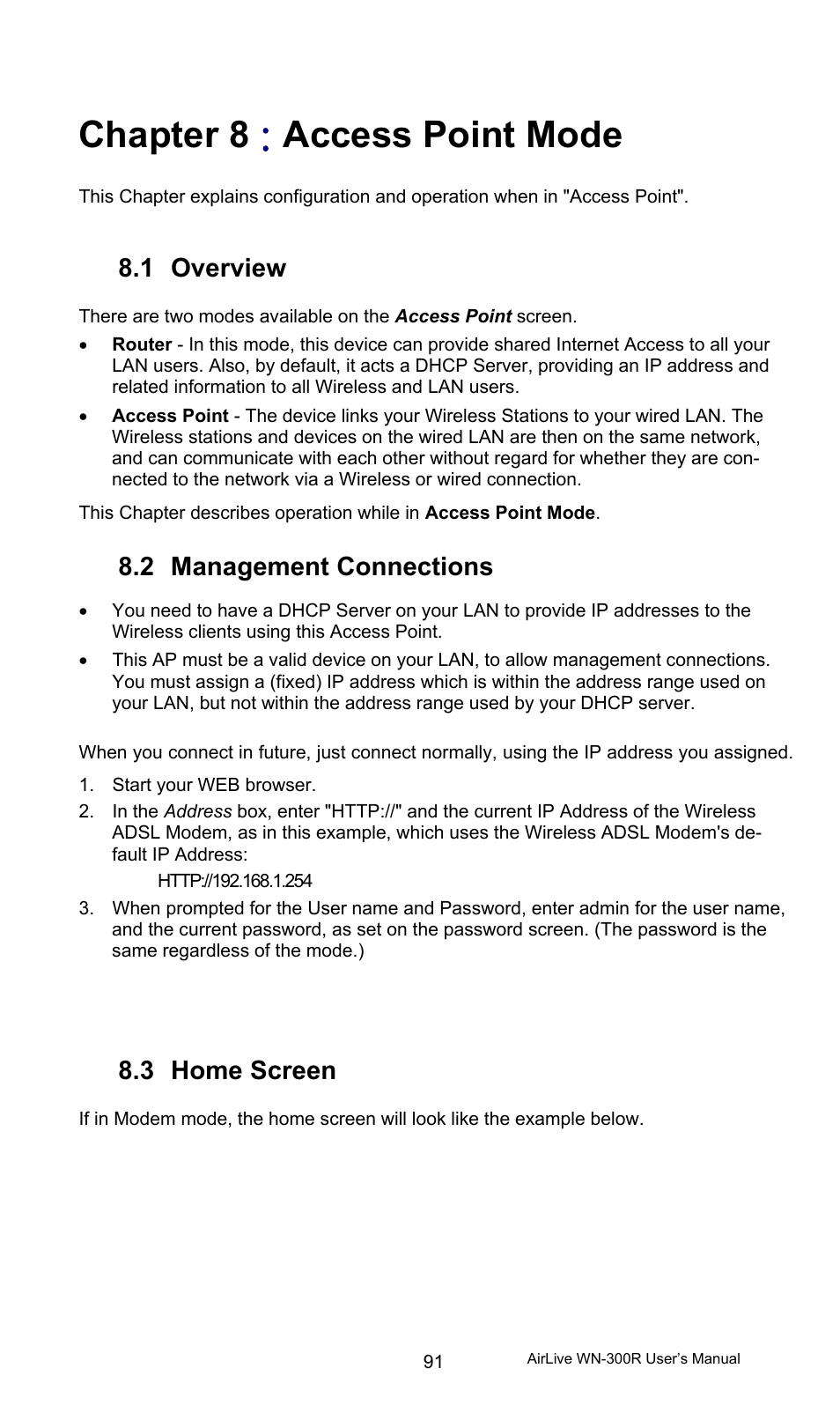 Chapter 8 : access point mode, 1 overview, 2 management connections | 3 home screen, Overview, Management connections, Home screen, Chapter 8, Access point mode | AirLive WN-300R User Manual | Page 97 / 110