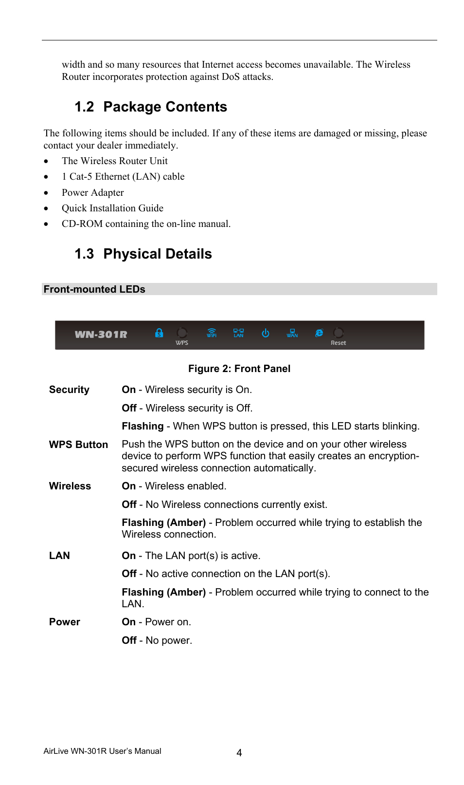 2 package contents, 3 physical details, Front-mounted leds | Package contents, Physical details | AirLive WN-301R User Manual | Page 10 / 110