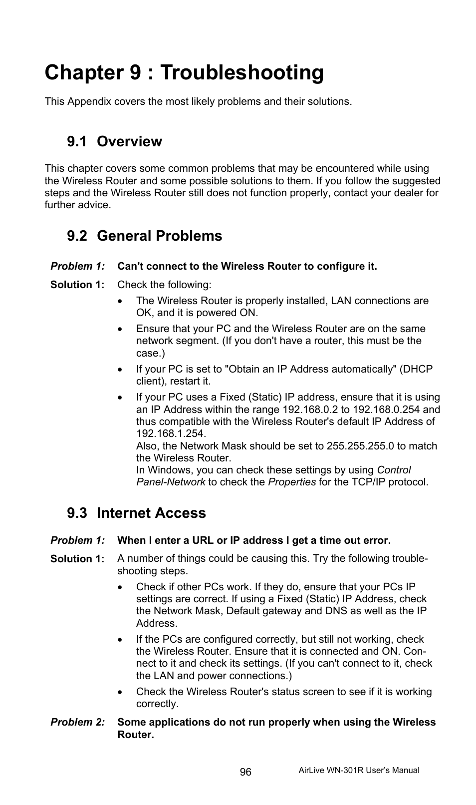 Chapter 9 : troubleshooting, 1 overview, 2 general problems | 3 internet access, Overview, General problems, Internet access | AirLive WN-301R User Manual | Page 102 / 110