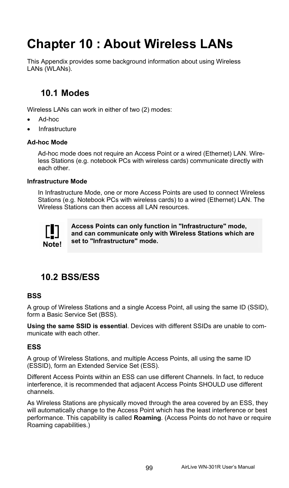 Chapter 10 : about wireless lans, 1 modes, 2 bss/ess | Modes, Bss/ess | AirLive WN-301R User Manual | Page 105 / 110