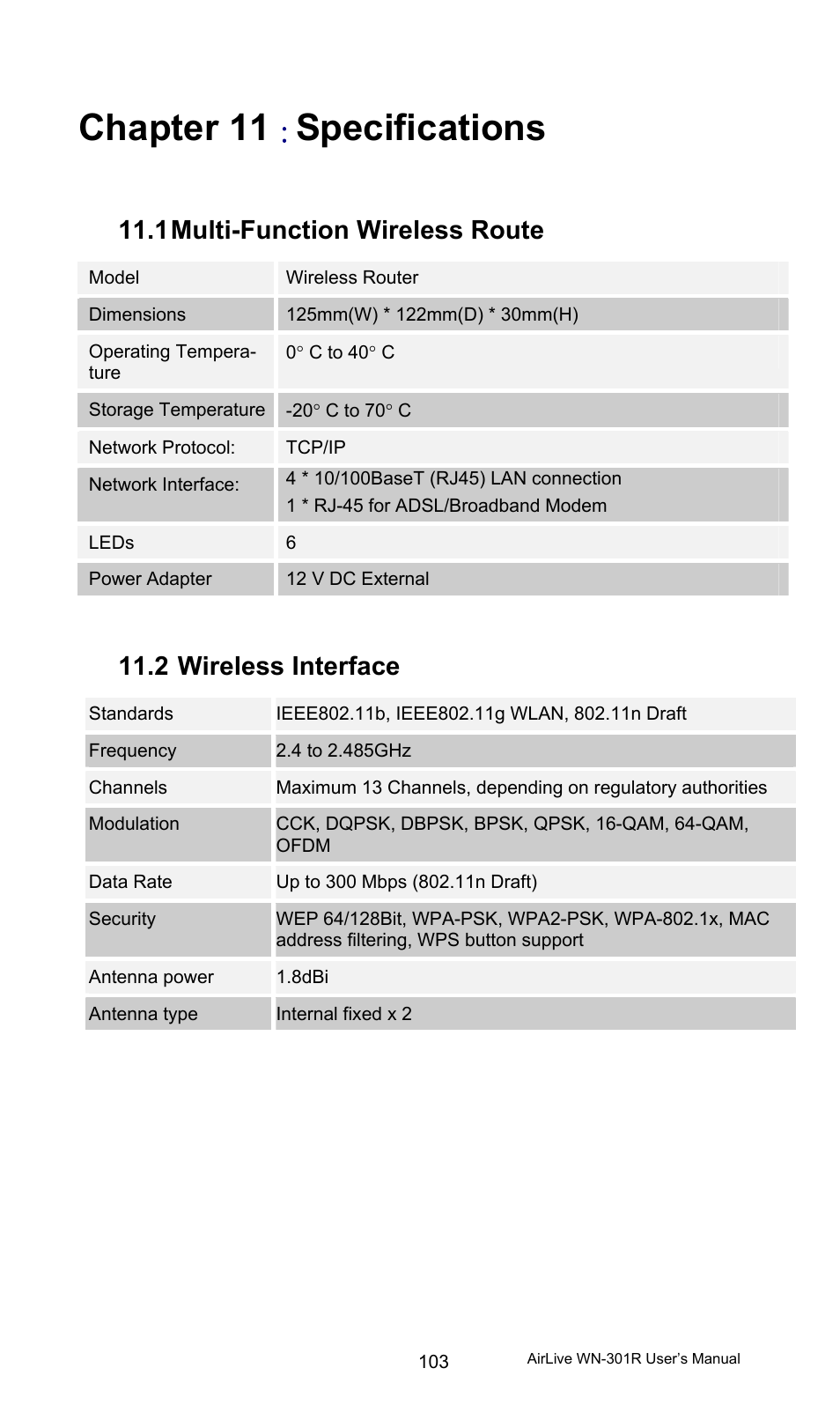 Chapter 11 : specifications, 1 multi-function wireless router, 2 wireless interface | Multi-function wireless router, Wireless interface, Chapter 11, Specifications, 1 multi-function wireless route r | AirLive WN-301R User Manual | Page 109 / 110