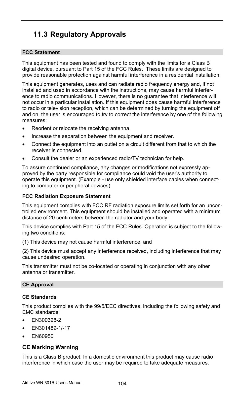 3 regulatory approvals, Fcc statement, Ce approval | Regulatory approvals | AirLive WN-301R User Manual | Page 110 / 110