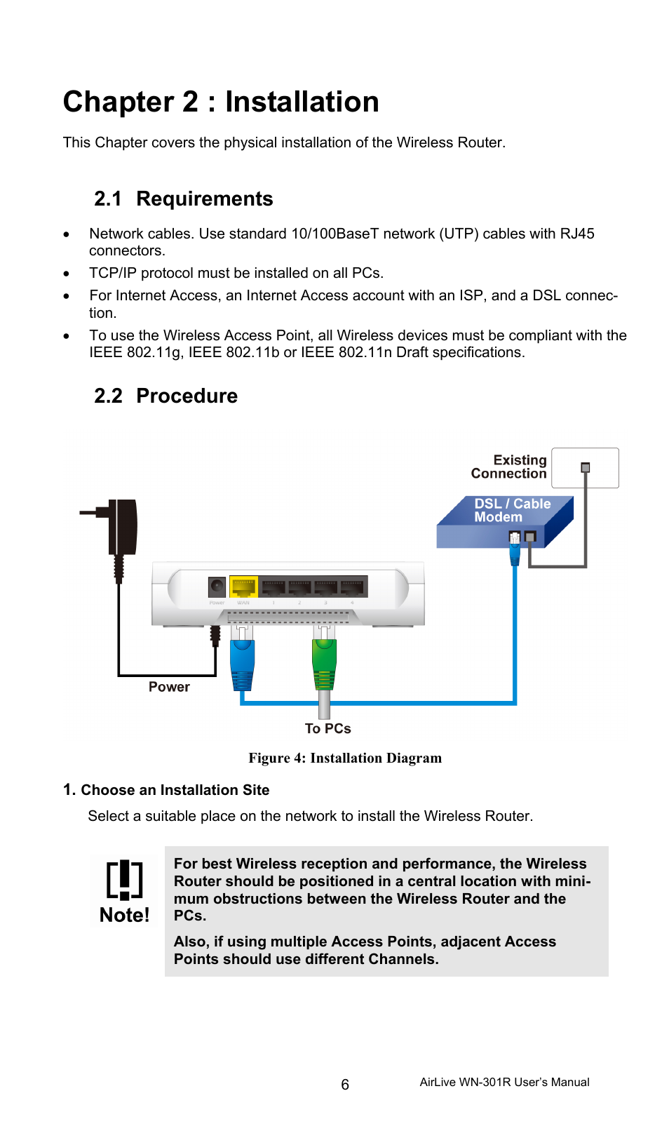 Chapter 2 : installation, 1 requirements, Requirements | Procedure, 2 procedure | AirLive WN-301R User Manual | Page 12 / 110