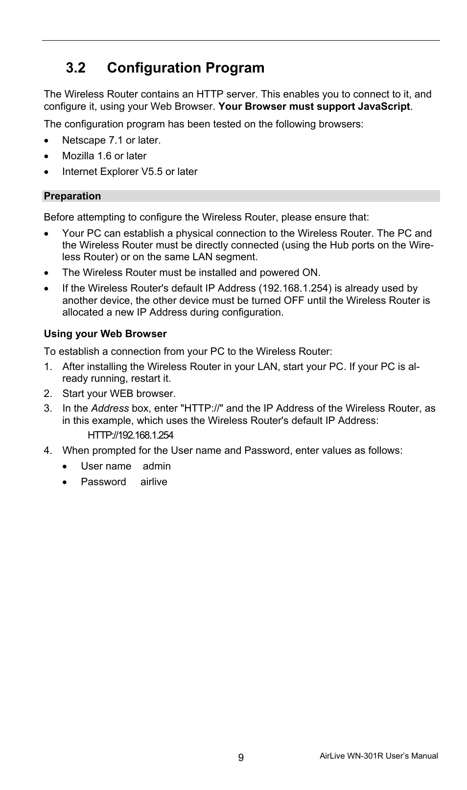 2 configuration program, Preparation, Using your web browser | Configuration program | AirLive WN-301R User Manual | Page 15 / 110